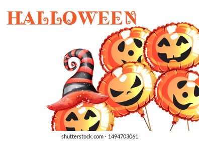Halloween pumpkin happy faces vector watercolor. Smilling pumpkin witch hat decor