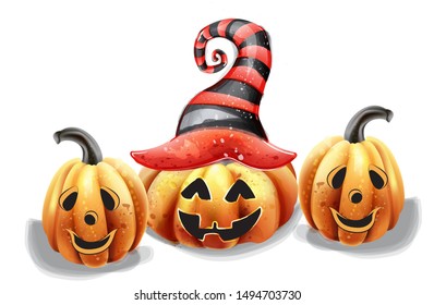 Halloween pumpkin happy faces vector watercolor. Smiling pumpkin witch hat decor