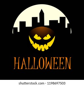 Halloween pumpkin with happy gradient face on dark background with silhouette of town. Vector cartoon Illustration.