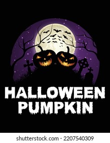 Halloween Pumpkin Happy Halloween shirt print template, Pumpkin Halloween tree bats witch scary themed texture background, Dark night vector design