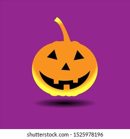 Halloween pumpkin Happy smiley face on purple background