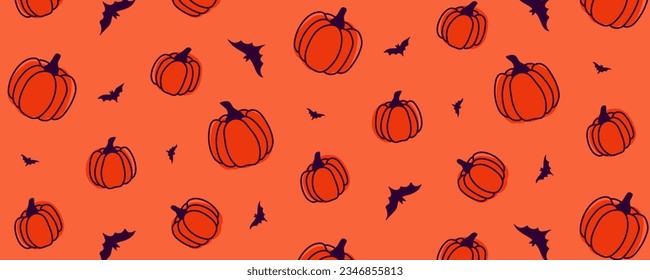 Halloween pumpkin harvest bat treat sweet or nasty autumn holiday dead orange purple violet pattern seamless repeat paraphernalia set supernatural background wallpaper wrap textile texture clothing