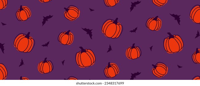 Halloween pumpkin harvest bat treat sweet or nasty autumn holiday dead orange purple violet pattern seamless repeat paraphernalia set supernatural wallpaper wrap textile clothing rite religion harvest