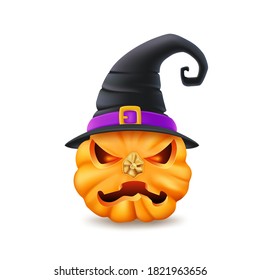 Calabaza de Halloween con sombrero, cara enojada, monstruo aterrador. Ilustración vectorial.