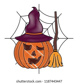 halloween pumpkin with hat and broom spider web