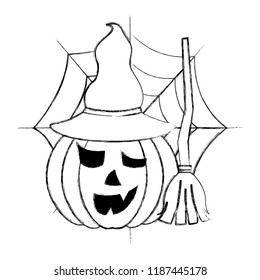 halloween pumpkin with hat and broom spider web