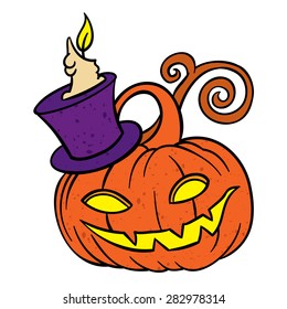 halloween pumpkin in hat with candle - vector hand drawing illustration