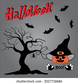 Halloween con una calabaza en un sombrero. Ebony y murciélagos. Halloween rojo con letras. Ilustración vectorial.