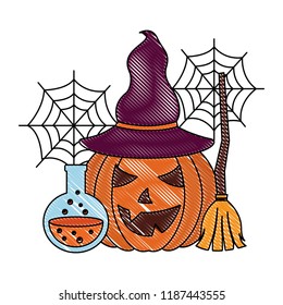 halloween pumpkin with hat flask potion and broom