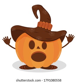 Halloween Pumpkin with a hat.  Halloween pumpkin, funny scared face in a hat. Light background. Cartoon icon. Holiday decoration. Icon collection.