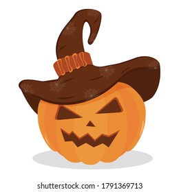 Halloween Pumpkin in a hat. Halloween pumpkin, funny scared face in a hat. Light background. Cartoon icon. Holiday decoration. Icon collection. Vector illustration