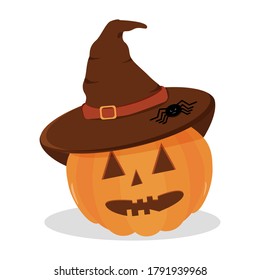 Halloween Pumpkin in a hat. Halloween pumpkin, funny scared face in a hat. Light background. Cartoon icon. Holiday decoration. Icon collection. Vector illustration