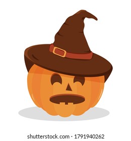 Halloween Pumpkin in a hat. Halloween pumpkin, funny scared face in a hat. Light background. Cartoon icon. Holiday decoration. Icon collection. Vector illustration