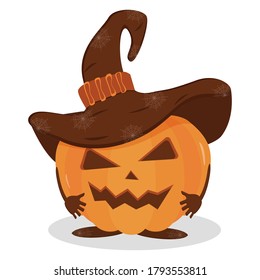 Halloween Pumpkin in a hat. Halloween pumpkin, funny scared face in a hat. Light background. Cartoon icon. Holiday decoration. Icon collection. Vector illustration