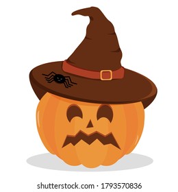Halloween Pumpkin in a hat. Halloween pumpkin, funny scared face in a hat. Light background. Cartoon icon. Holiday decoration. Icon collection. Vector illustration