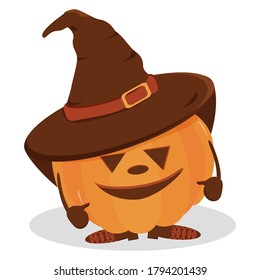Halloween Pumpkin in a hat. Halloween pumpkin, funny scared face in a hat. Light background. Cartoon icon. Holiday decoration. Icon collection. Vector illustration