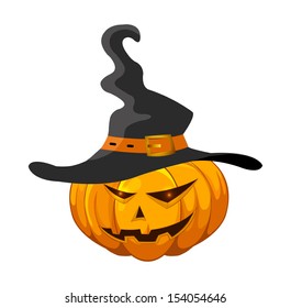 Halloween pumpkin with hat. Halloween pumpkin jack-o-lantern with angry faces/vector illustration isolated on white background. 