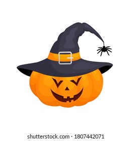 Calabaza de Halloween con sombrero. Jack-o-lantern aislado en el fondo blanco. Decoración festiva para una fiesta. Cara de calabaza asustado. Ilustración vectorial con linterna de halloween.