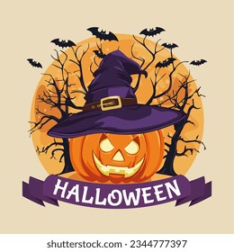 Halloween pumpkin with hat. Halloween lantern pumpkin in a witch hat against the backdrop of mystical trees, creepy bats and a big orange moon. Congratulatory background. Vector.