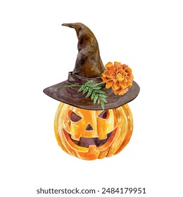 Halloween pumpkin in a hat, marigold flower, watercolor. Vector illustration. For greeting cards, invitations, large banners, posters, covers, flyers.