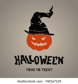 Halloween pumpkin with hat on dark background. Vector cartoon Illustration.