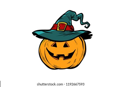Halloween pumpkin in hat. Pop art retro vector illustration vintage kitsch
