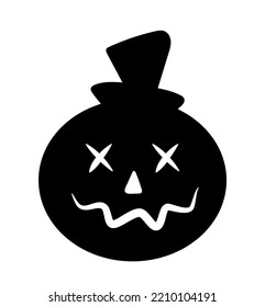 Halloween pumpkin in hat silhouette. Round vegetable with scary and terrible face. Graphic element for printing on fabric. Abstract and minimalistic logotype. Cartoon flat vector illustration