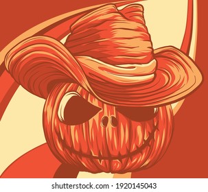 Halloween pumpkin with hat Vector cartoon Illustration.