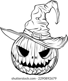 Halloween pumpkin in hat vector graphic object or design element in vintage monochrome style isolated on white background