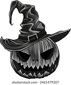 Halloween pumpkin in hat vector graphic object or design element in vintage monochrome style isolated on white background