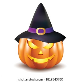 Halloween pumpkin with hat vector illustration isolated on white background. Halloween pumpkin with scary face carved into it and wearing a witch's hat.3d illustration of a jack-o-lantern
