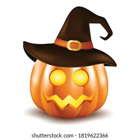 Halloween pumpkin with hat vector illustration isolated on white background. Halloween pumpkin with scary face carved into it and wearing a witch's hat.3d illustration of a jack-o-lantern