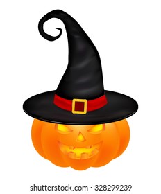 Halloween pumpkin in hat vector illustration, Jack O Lantern isolated on white background. Scary orange picture with eyes and candle light inside.