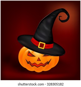 Halloween pumpkin in hat vector illustration, Jack O Lantern on gradient mesh background. Scary orange picture with eyes and candle light inside.
