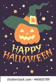 Halloween pumpkin in hat, vector illustration for design: greeting card, poser,invitation