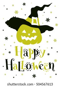 Halloween pumpkin in hat, vector illustration for design: greeting card, poser,invitation