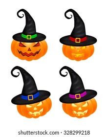 Halloween pumpkin in hat vector set illustration, Jack O Lantern isolated on white background. Scary orange picture with eyes and candle light inside.