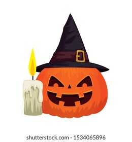 halloween pumpkin with hat witch and candle vector illustration design