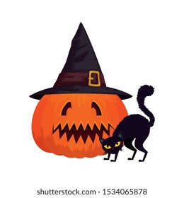 halloween pumpkin with hat witch and cat black vector illustration design