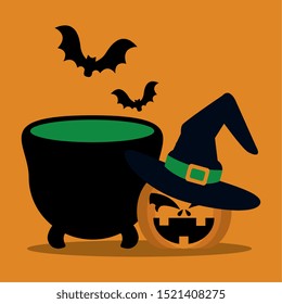 halloween pumpkin with hat witch and cauldron vector illustration design