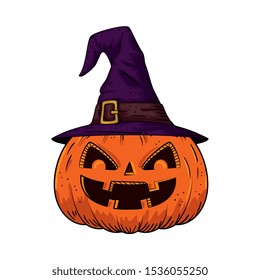 halloween pumpkin with hat witch pop art style vector illustration design