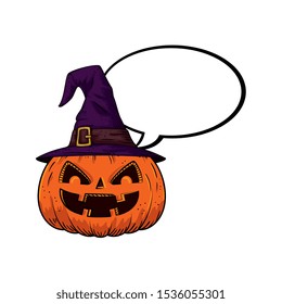 halloween pumpkin with hat witch and speech bubble pop art style vector illustration design
