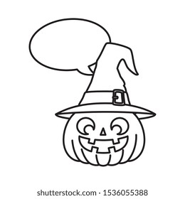 halloween pumpkin with hat witch and speech bubble vector illustration design