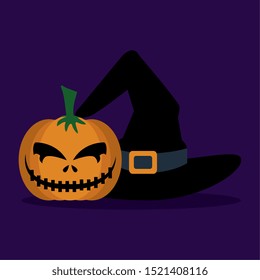 halloween pumpkin with hat witch vector illustration design