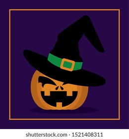 halloween pumpkin with hat witch vector illustration design