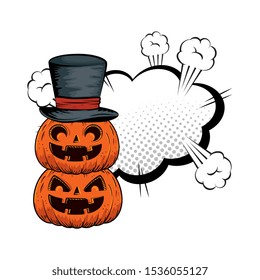 halloween pumpkin with hat wizard and cloud style pop art vector illustration design