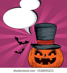 halloween pumpkin with hat wizard and speech bubbles style pop art vector illustration design