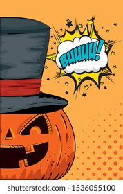 halloween pumpkin with hat wizard style pop art vector illustration design