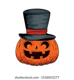 halloween pumpkin with hat wizard style pop art vector illustration design