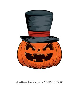 halloween pumpkin with hat wizard style pop art vector illustration design